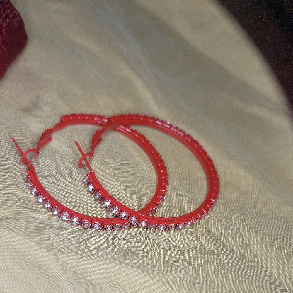 Cute Colorful Fun Sparkly Bright Orangey Red W/ Clear Rhinestones 2" Hoops NWOT